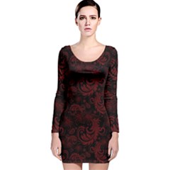 Dark Red Flourish Long Sleeve Velvet Bodycon Dress