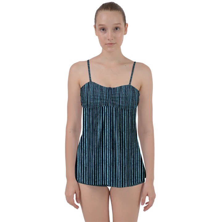 Stylish Frost Blue Strips Babydoll Tankini Set