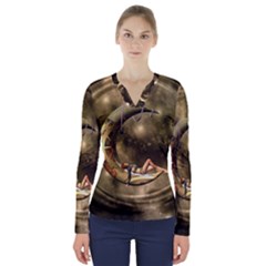 Steampunk Lady  In The Night With Moons V-neck Long Sleeve Top by FantasyWorld7