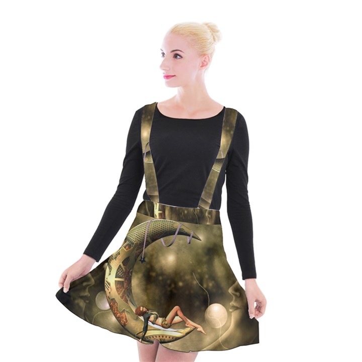 Steampunk Lady  In The Night With Moons Suspender Skater Skirt