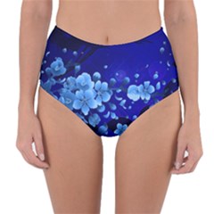 Floral Design, Cherry Blossom Blue Colors Reversible High-Waist Bikini Bottoms