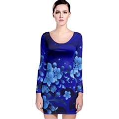 Floral Design, Cherry Blossom Blue Colors Long Sleeve Velvet Bodycon Dress by FantasyWorld7