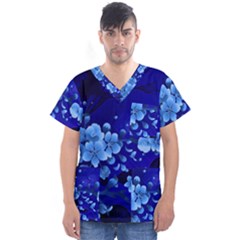 Floral Design, Cherry Blossom Blue Colors Men s V-Neck Scrub Top