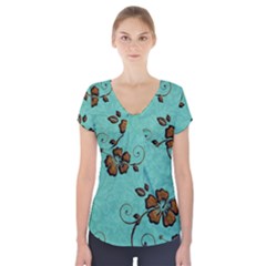 Chocolate Background Floral Pattern Short Sleeve Front Detail Top