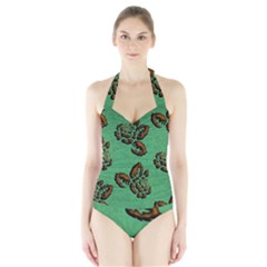 Chocolate Background Floral Pattern Halter Swimsuit