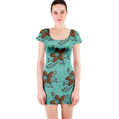 Chocolate Background Floral Pattern Short Sleeve Bodycon Dress