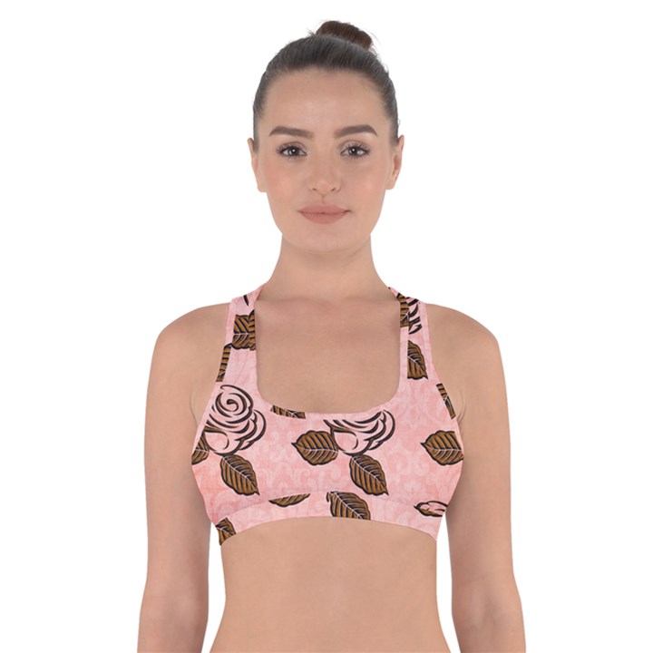 Chocolate Background Floral Pattern Cross Back Sports Bra