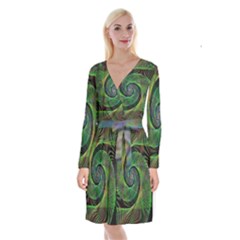 Green Spiral Fractal Wired Long Sleeve Velvet Front Wrap Dress