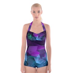 Abstract Shapes Purple Green Boyleg Halter Swimsuit 