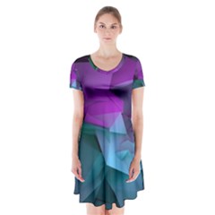 Abstract Shapes Purple Green Short Sleeve V-neck Flare Dress