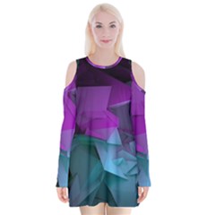 Abstract Shapes Purple Green Velvet Long Sleeve Shoulder Cutout Dress