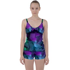 Abstract Shapes Purple Green Tie Front Two Piece Tankini