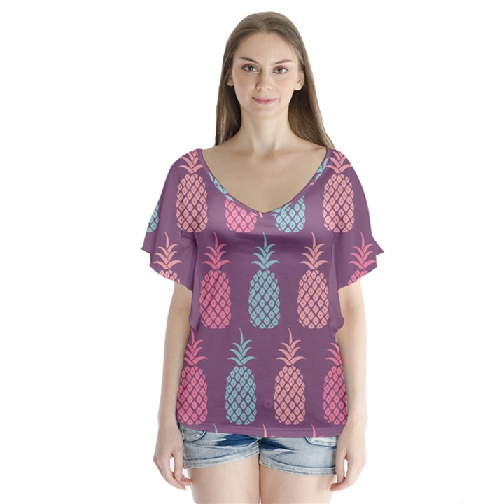 Pineapple Pattern V-Neck Flutter Sleeve Top