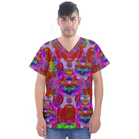 Fantasy   Florals  Pearls In Abstract Rainbows Men s V-neck Scrub Top by pepitasart