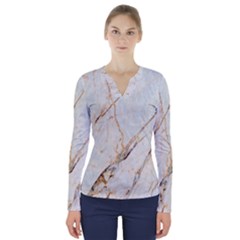 Marble Texture White Pattern Surface Effect V-neck Long Sleeve Top by Nexatart