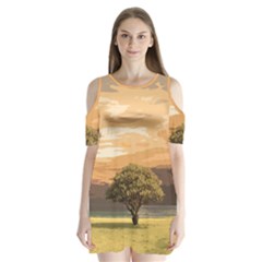 Landscape Shoulder Cutout Velvet  One Piece