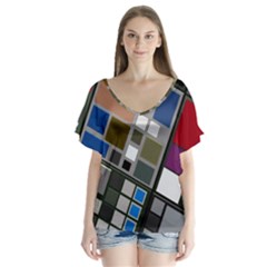 Abstract Composition V-neck Flutter Sleeve Top by Nexatart