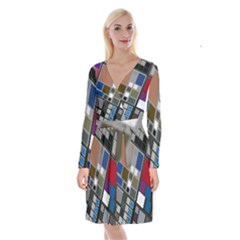 Abstract Composition Long Sleeve Velvet Front Wrap Dress
