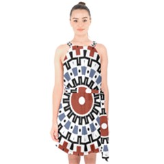 Mandala Art Ornament Pattern Halter Collar Waist Tie Chiffon Dress