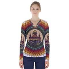 Building Mandala Palace V-neck Long Sleeve Top by Nexatart