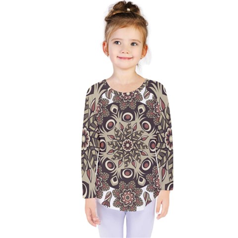 Mandala Pattern Round Brown Floral Kids  Long Sleeve Tee by Nexatart