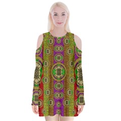 Rainbow Flowers In Heavy Metal And Paradise Namaste Style Velvet Long Sleeve Shoulder Cutout Dress by pepitasart