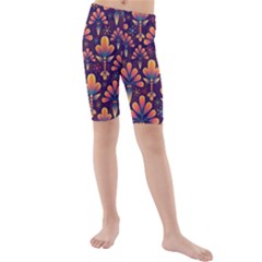 Floral Abstract Purple Pattern Kids  Mid Length Swim Shorts