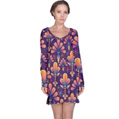 Floral Abstract Purple Pattern Long Sleeve Nightdress