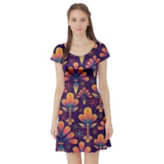 Floral Abstract Purple Pattern Short Sleeve Skater Dress