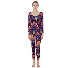 Floral Abstract Purple Pattern Long Sleeve Catsuit