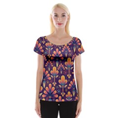 Floral Abstract Purple Pattern Cap Sleeve Tops