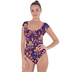 Floral Abstract Purple Pattern Short Sleeve Leotard 