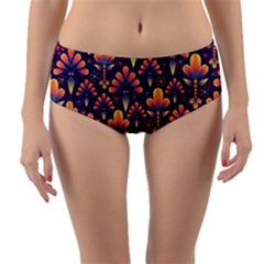 Floral Abstract Purple Pattern Reversible Mid-Waist Bikini Bottoms