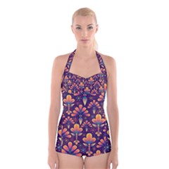 Floral Abstract Purple Pattern Boyleg Halter Swimsuit 