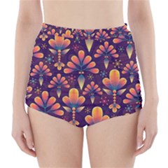 Floral Abstract Purple Pattern High-Waisted Bikini Bottoms