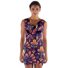 Floral Abstract Purple Pattern Wrap Front Bodycon Dress