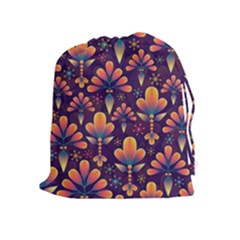 Floral Abstract Purple Pattern Drawstring Pouches (Extra Large)