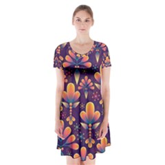 Floral Abstract Purple Pattern Short Sleeve V-neck Flare Dress