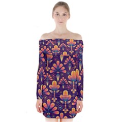 Floral Abstract Purple Pattern Long Sleeve Off Shoulder Dress