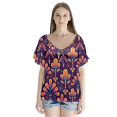 Floral Abstract Purple Pattern V-Neck Flutter Sleeve Top