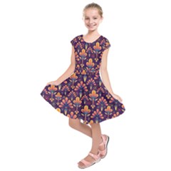 Floral Abstract Purple Pattern Kids  Short Sleeve Dress