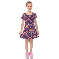 Floral Abstract Purple Pattern Kids  Short Sleeve Velvet Dress