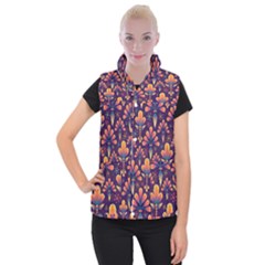 Floral Abstract Purple Pattern Women s Button Up Puffer Vest