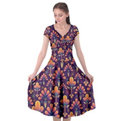 Floral Abstract Purple Pattern Cap Sleeve Wrap Front Dress