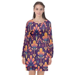 Floral Abstract Purple Pattern Long Sleeve Chiffon Shift Dress 