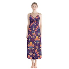 Floral Abstract Purple Pattern Button Up Chiffon Maxi Dress