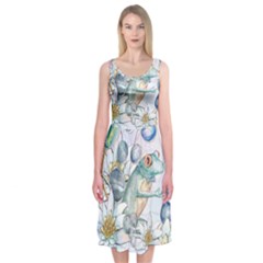 Funny, Cute Frog With Waterlily And Leaves Midi Sleeveless Dress by FantasyWorld7