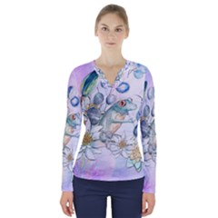 Funny, Cute Frog With Waterlily And Leaves V-neck Long Sleeve Top
