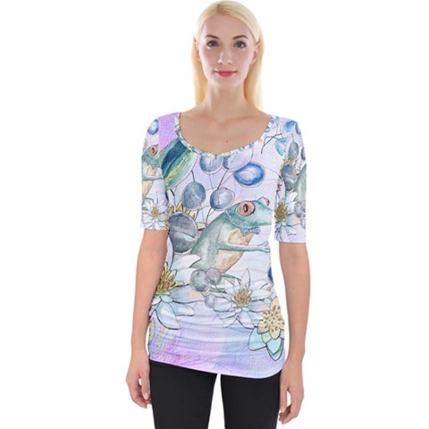 Funny, Cute Frog With Waterlily And Leaves Wide Neckline Tee by FantasyWorld7