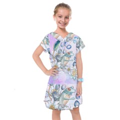 Funny, Cute Frog With Waterlily And Leaves Kids  Drop Waist Dress by FantasyWorld7